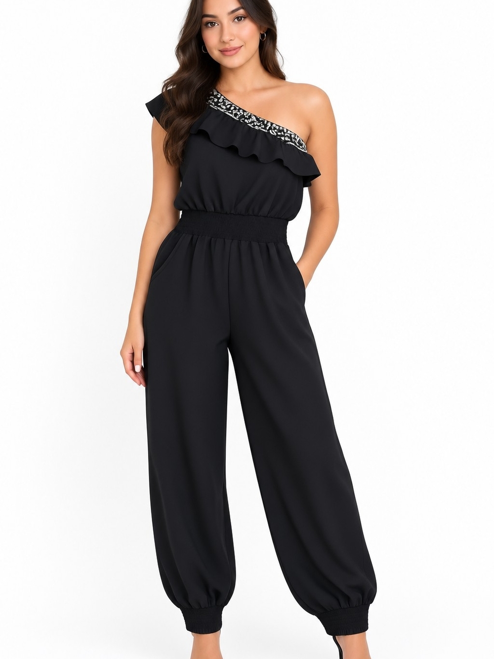 Vintage Style Nikibiki One-Shoulder Black Ruffle-Trim Jumpsuit